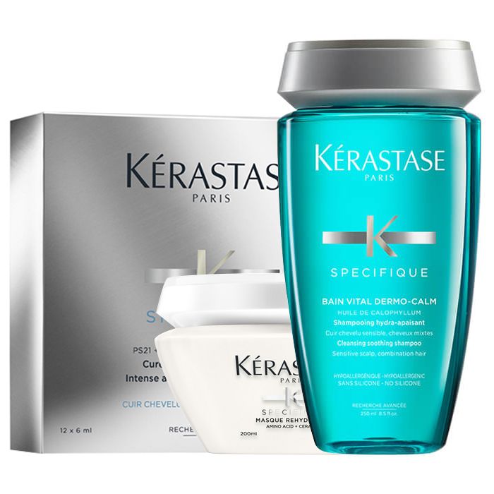 KERASTASE Kit Specifique Bain Vital Dermo Calm 250ml + Masque Hydra-Apaisant 200ml + Aminexil Anticaduta 10x6ml