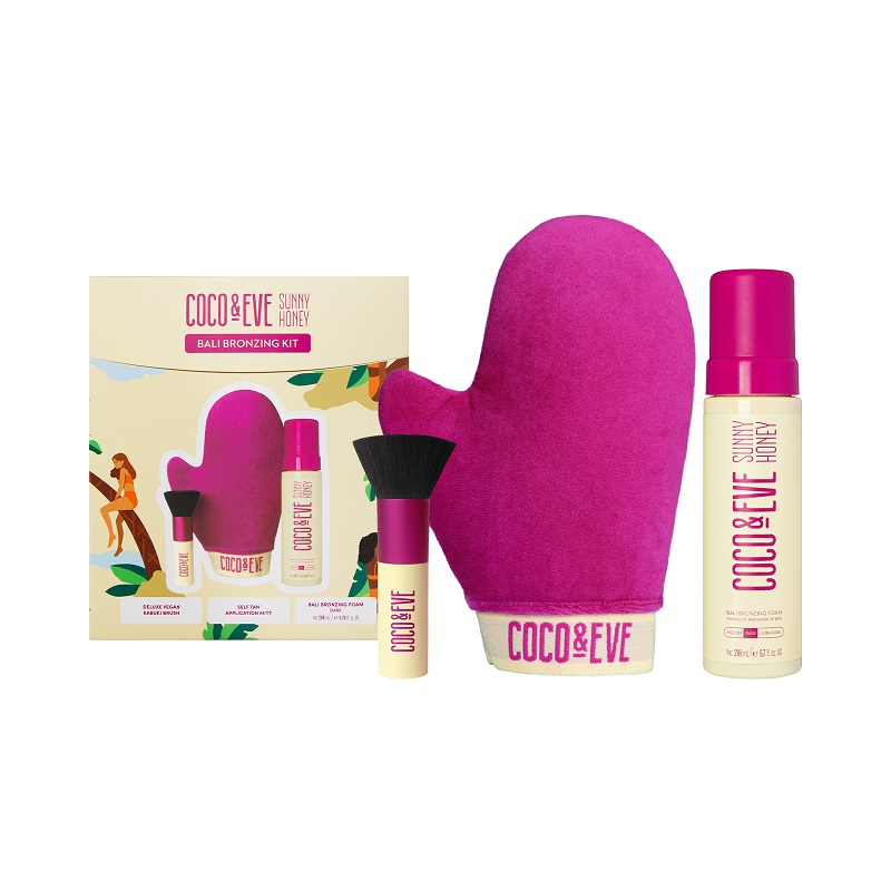 COCO & EVE Set Sunny Honey Bali Bronzing Foam Dark 200ml + Kabuki Brush + Self Tan Application Mitt