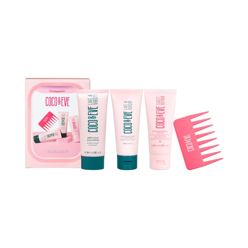 COCO & EVE Set Travel Hair Nourishing Mask 60ml + Repairing Mask 60ml + Scrub 50ml + Detangling Comb