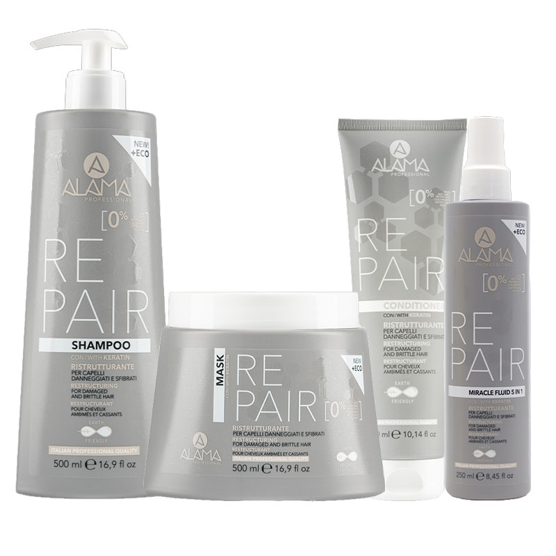 ALAMA Professional Kit Repair Shampoo 500ml + Mask 500ml + Conditioner 300ml + Fluid 250ml