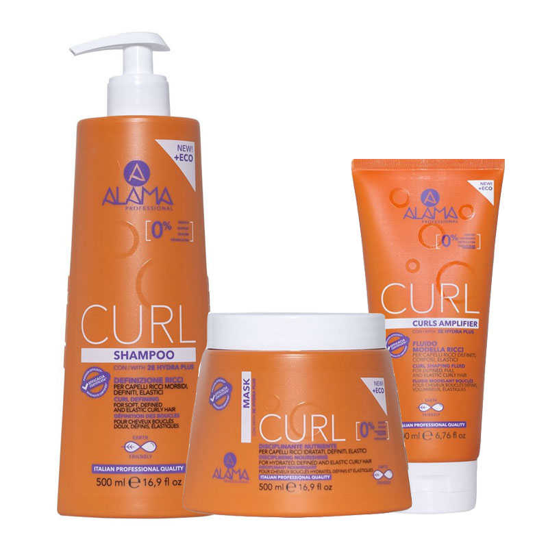 ALAMA Professional Kit Curl Definizione Ricci Shampoo 500ml + Mask 500ml + Fluido Modella Ricci 200ml