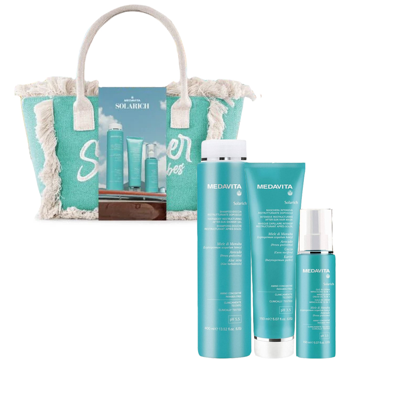MEDAVITA Set Solarich Con Borsa Mare Shampoo Doccia Celeste 400ml + Maschera 150ml + Olio In Crema 10 In 1 150ml