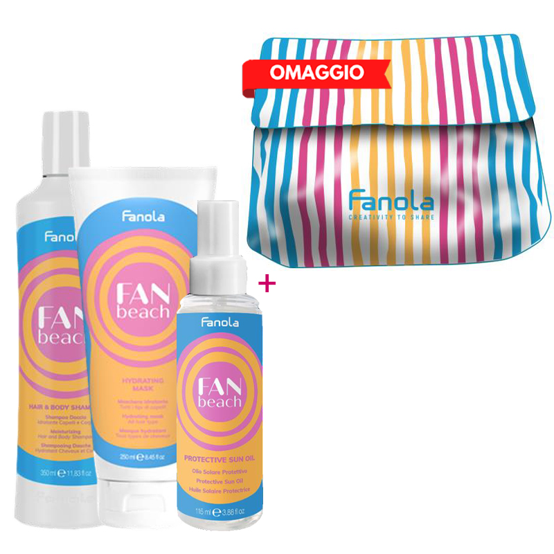 FANOLA Kit Fanbeach Hair & Body Shampoo 350ml + Mask 250ml + Protective Sun Oil 100ml + Omaggio Pochette