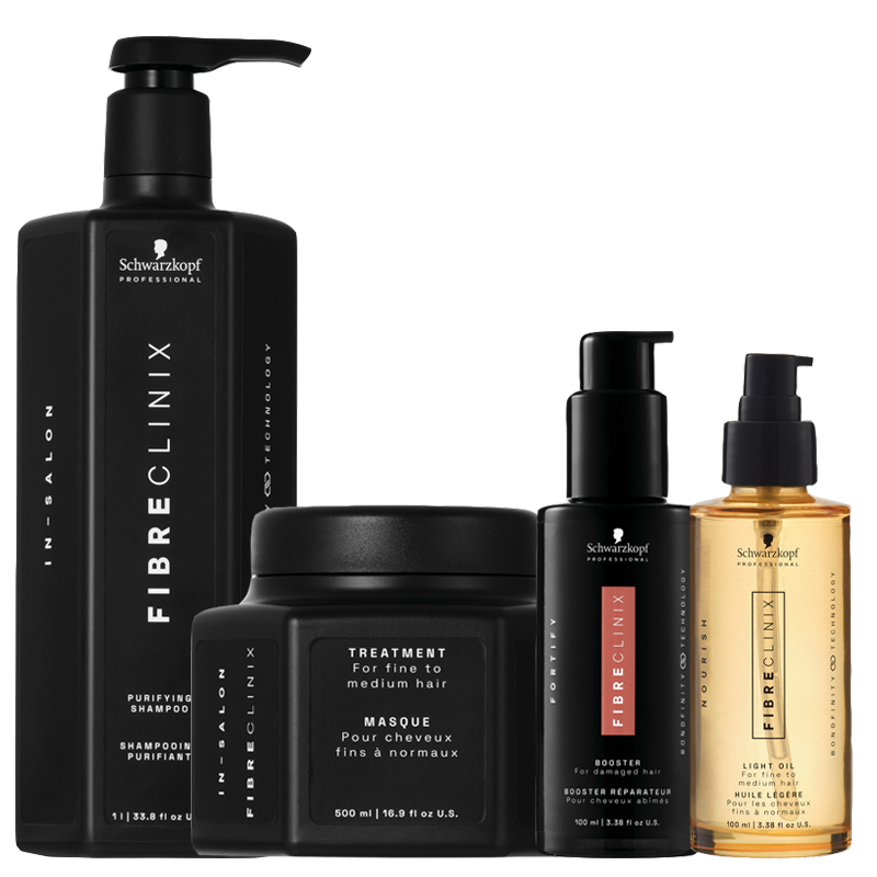 SCHWARZKOPF Kit Fibre Clinix In-Salon Purifing Shampoo 1000ml + Mask Fine-Medium 500ml + Fortify Booster 100ml + Light Oil For Fine-Medium 100ml